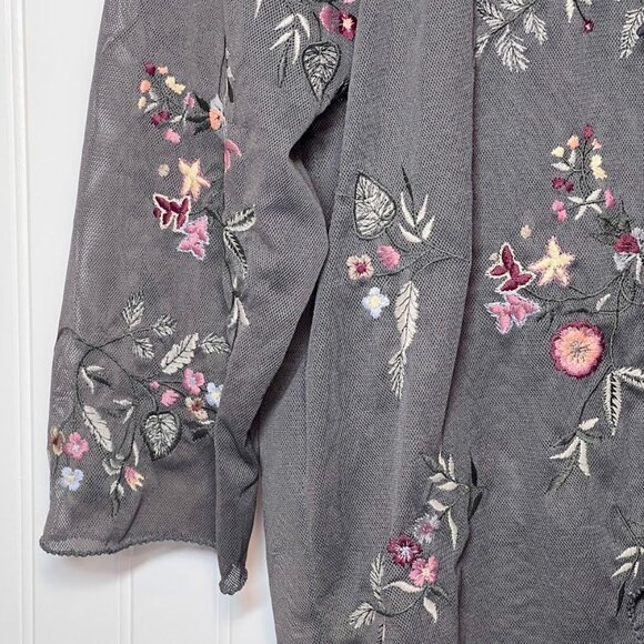 J Jill Sheer Blouse Ruffle Tie Front Cardigan Embroidered Flower Dainty Feminine - Picture 8 of 10